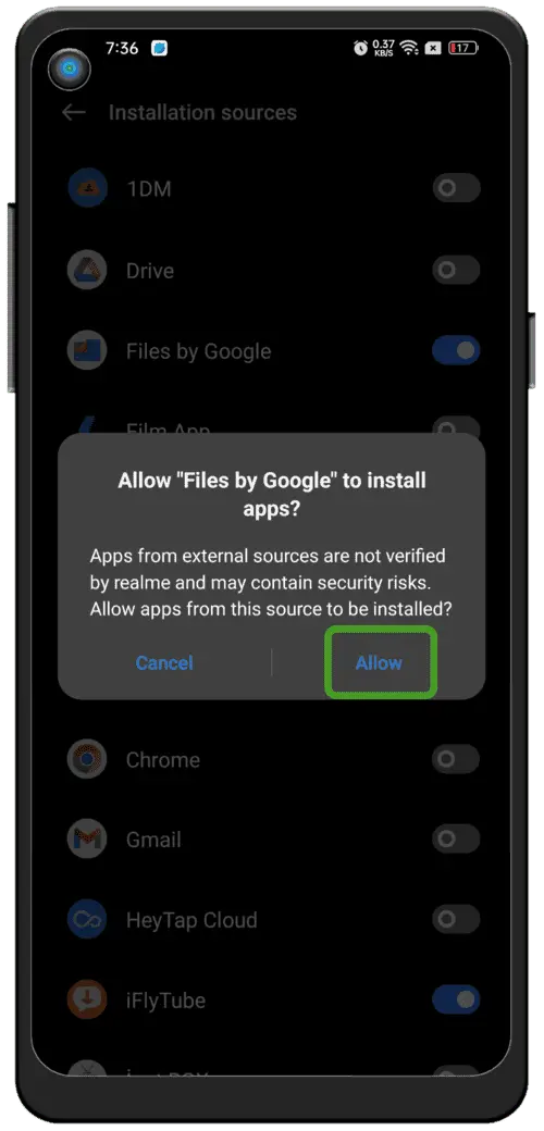Cho phép cài đặt từ nguồn lạ